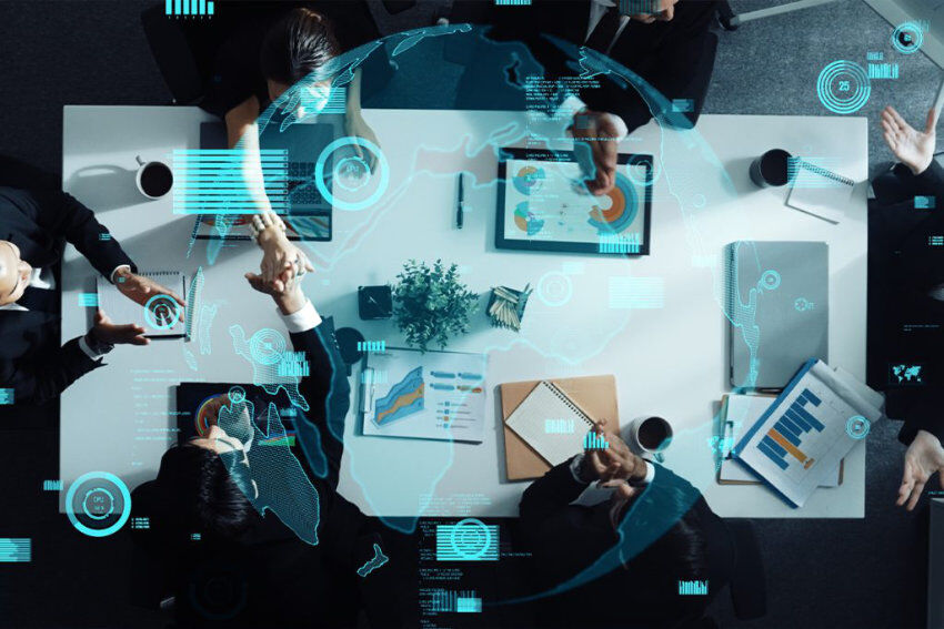 Business meeting, people sitting at the table and talking